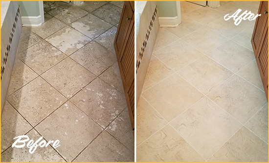Before and After Picture of Tile and Grout Cleaning Service on Stained Tile Floor
