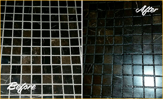 Before and After Picture of a Black Floor with Recolored Grout