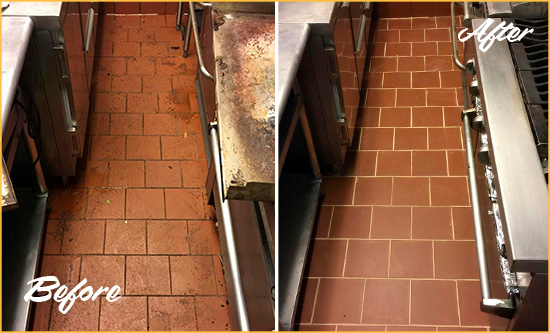 Before and After Picture of a Utica Restaurant Kitchen Tile and Grout Cleaned to Eliminate Dirt and Grease Build-Up