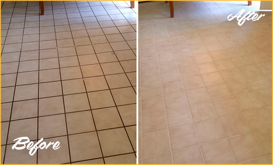 Before and After Picture of a Armada Kitchen Tile and Grout Cleaned to Remove Embedded Dirt