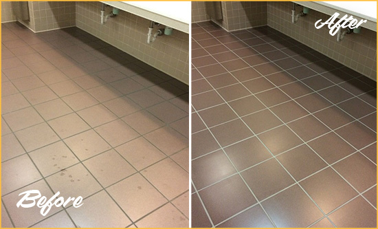 Before and After Picture of a Troy Restrooms Tile and Grout Cleaned to Remove Embedded Dirt