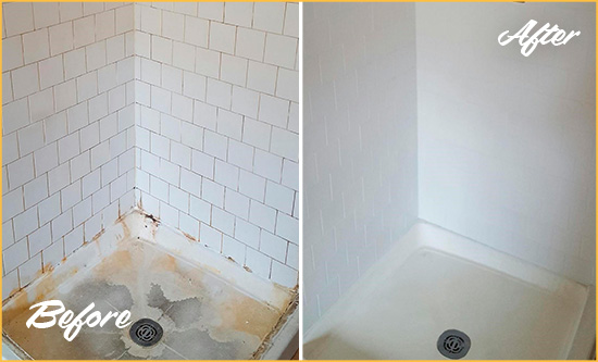 Before and After Picture of a Troy Shower Tile and Grout Cleaned to Remove Soap Scum