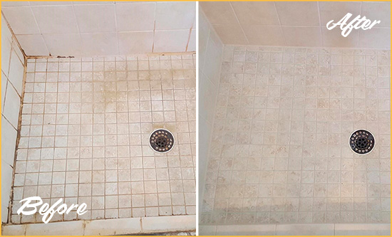 Before and After Picture of a Bruce Township Shower Caulked to Fix Cracks