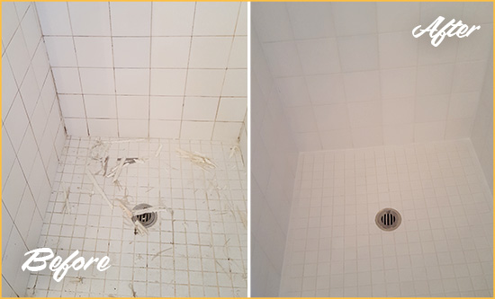 Before and After Picture of a Harrison Township Bathroom Re-Caulked To Repair Damaged Caulking