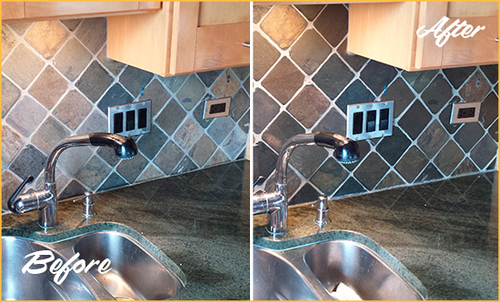 Before and After Picture of a New Baltimore Backsplash Caulked to Fix and Prevent Water Leaks