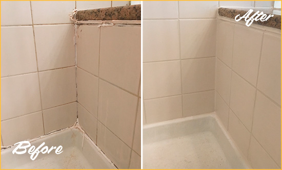 Before and After Picture of a Utica Shower Caulked to Repair Damaged Caulking