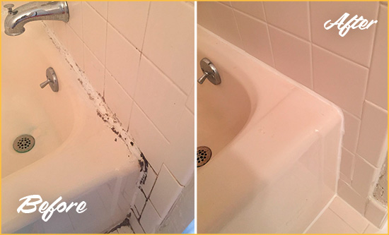 Before and After Picture of a Utica Bathroom Sink Caulked to Fix a DIY Proyect Gone Wrong