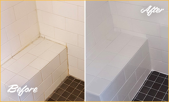Before and After Picture of a Chesterfield Township Shower Seat Caulked to Protect Against Mold and Mildew Growth