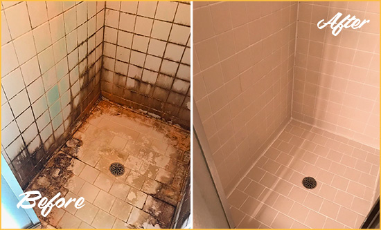 Before and After Picture of a New Baltimore Shower Caulked to Fix and Prevent Water Damage