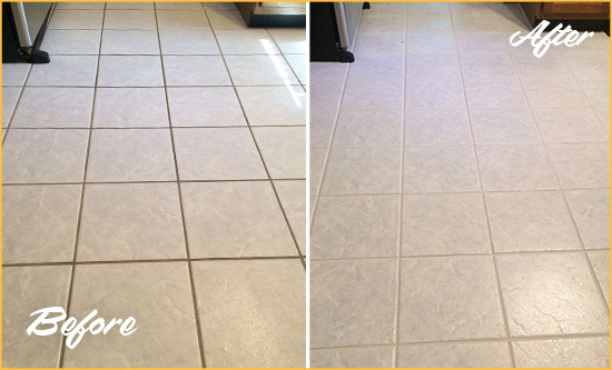 Before and After Picture of a New Haven Kitchen Ceramic Floor Sealed to Protect From Dirt and Spills