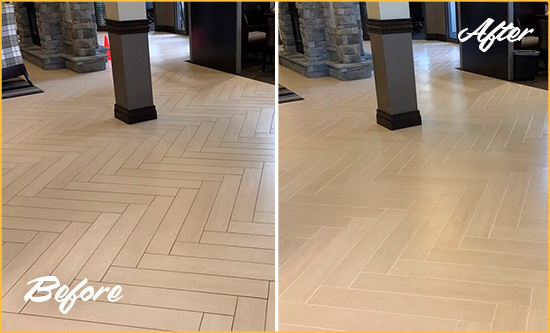 Before and After Picture of a Dirty New Baltimore Ceramic Office Lobby Sealed For Extra Protection Against Heavy Foot Traffic
