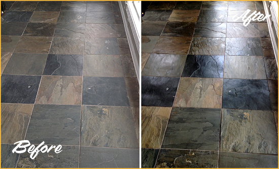 Before and After Picture of a Dull Bruce Township Slate Floor Sealed to Bring Back Its Colors