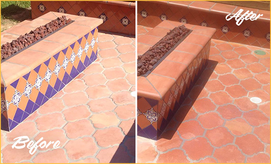 Before and After Picture of a Dull Oxford Terracotta Patio Floor Sealed For UV Protection