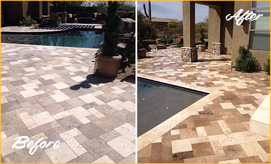Before and After Picture of a Faded Bruce Township Travertine Pool Deck Sealed For Extra Protection