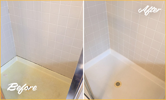 Before and After Picture of a Chesterfield Township Shower Sealed to Remove and Protect Against Mold