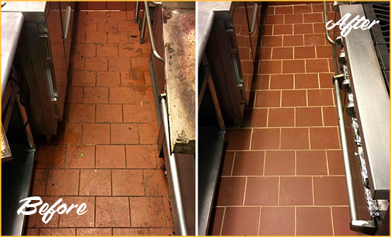 Before and After Picture of a Rochester Restaurant Kitchen Floor Sealed to Remove Soil