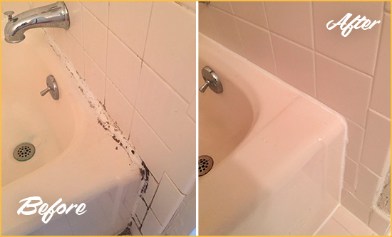 Before and After Picture of a Troy Hard Surface Restoration Service on a Tile Shower to Repair Damaged Caulking