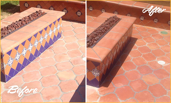 Before and After Picture of a Utica Hard Surface Restoration Service on a Dull Terracotta Patio Floor to Recover Its Color