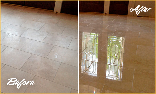 Before and After Picture of a Armada Hard Surface Restoration Service on a Dull Travertine Floor Polished to Recover Its Splendor