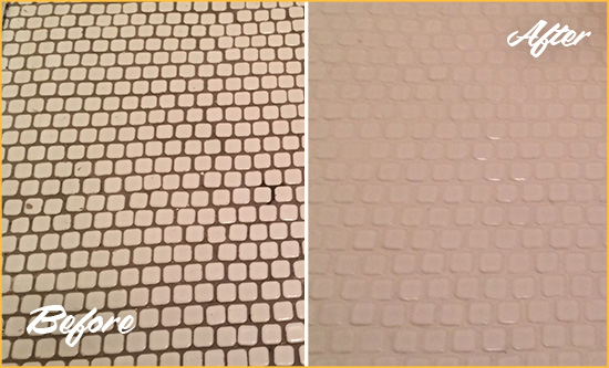 Before and After Picture of a Shelby Township Hard Surface Restoration Service on a Bathroom Tile Floor Recolored to Fix Grout Color