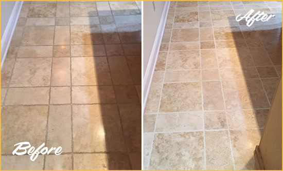 Before and After Picture of Washington Township Kitchen Floor Grout Cleaned to Recover Its Color