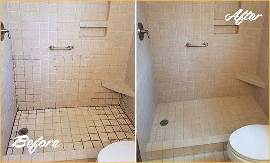 Before and After Picture of a Harrison Township Shower Grout Cleaned to Remove Mold