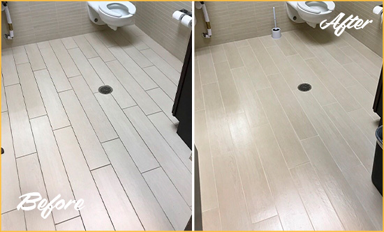 Before and After Picture of a Macomb Office Restroom's Grout Cleaned to Remove Dirt