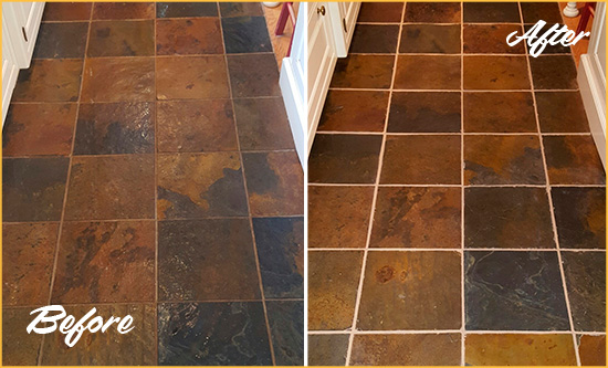 Before and After Picture of Bruce Township Slate Floor Grout Cleaned to Remove Dirt