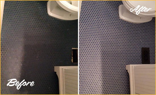 Before and After Picture of a Richmond Blue Tile Floor Recolored Grout