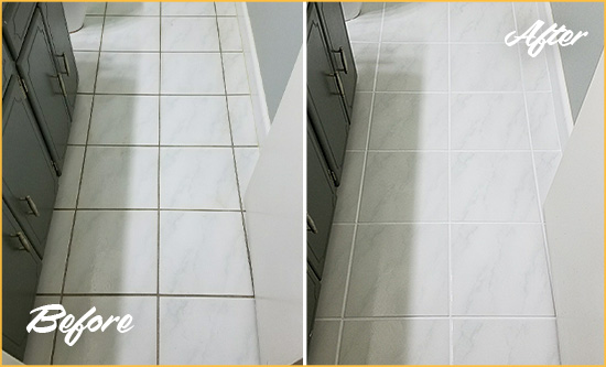Before and After Picture of a Washington Township White Ceramic Tile with Recolored Grout