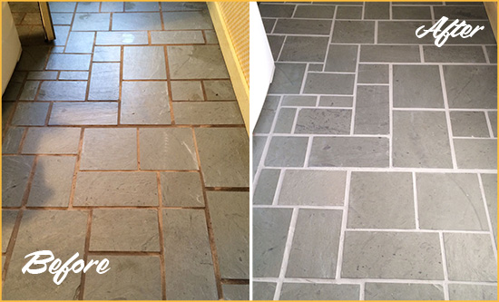 Before and After Picture of Damaged Utica Slate Floor with Sealed Grout