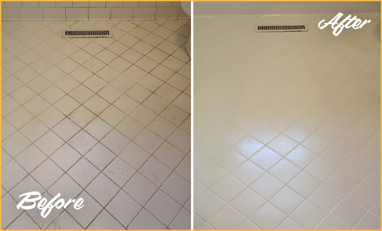 Before and After Picture of a Armada White Bathroom Floor Grout Sealed for Extra Protection