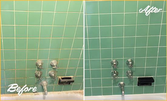 Before and After Picture of a Armada Bath Tub Grout Sealed to Avoid Water Damage