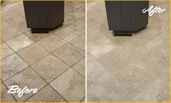 Before and After Picture of a New Baltimore Kitchen Floor Grout Sealed to Remove Stains