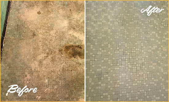 Before and After Picture of a Armada Mosaic Shower Cleaned to Eliminate Embedded Dirt