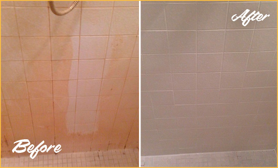 Before and After Picture of a Harrison Township Porcelaine Shower Cleaned to Remove Soap Scum