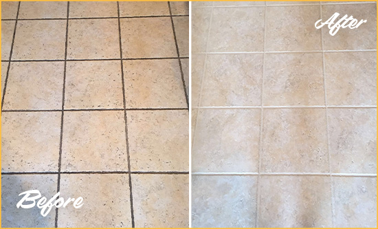 Before and After Picture of a Harrison Township Ceramic Floor Cleaned to Remove Soil