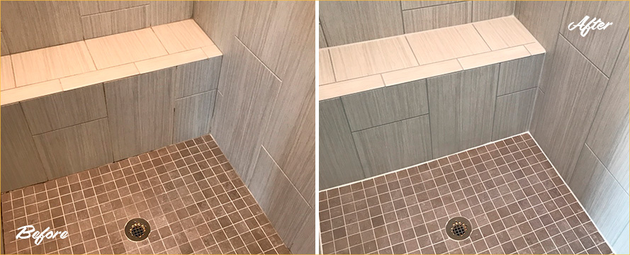 Before and After Picture of a Shower Floor Grout Sealing Job in Macomb, MI