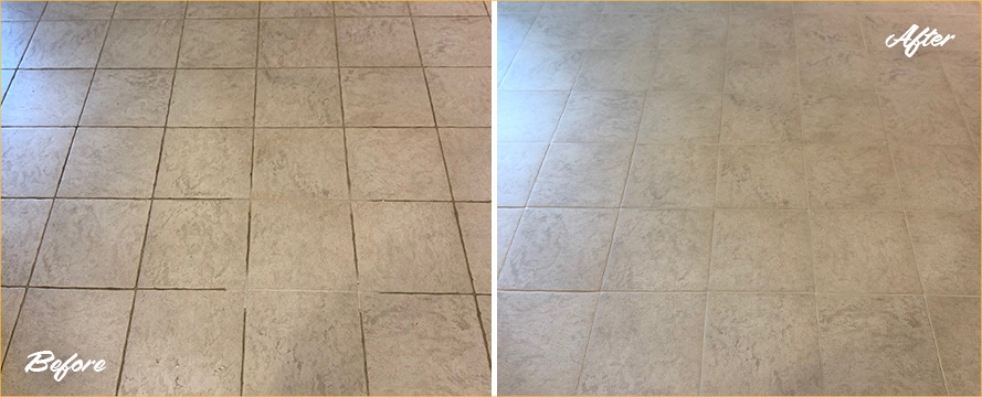 A Living Room Floor Before and After a Grout Sealing in Utica