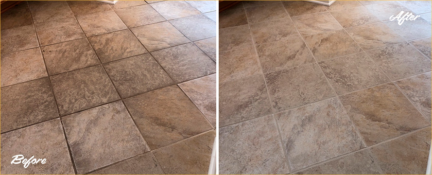 Porcelain Floor Before and After a Service from Our Tile and Grout Cleaners in Shelby Township